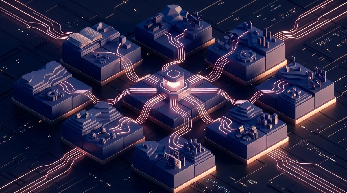 Multi-Site Content Landscape - isometric landscape of interconnected content blocks